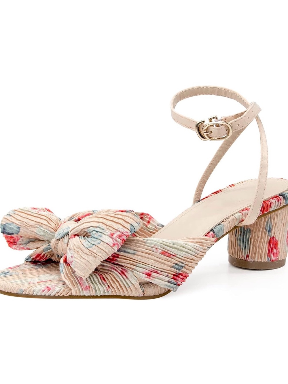 Beige Floral Bow Block Heel Sandals with Ankle Strap
